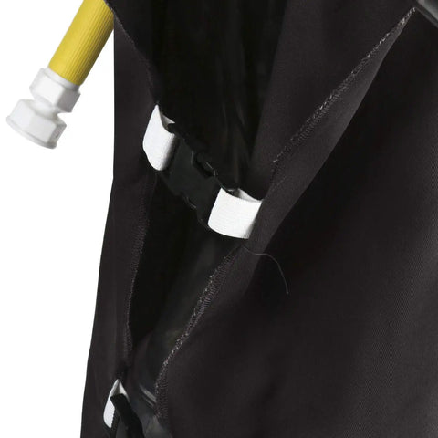 Close-up of Air Supplied Sandblast Helmet With Adjustable Fit For Comfort, strap detail and hose connection visible.
