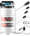 Pro Grade 9.5 Liter Fluid Extractor Pump With Pneumatic Manual Switch And Iron Clad No Drip Seal For Swift Oil Swaps On Cars Trucks Boats Lawnmowers Features extra long 59 inch hose and three 47 inch extension tubes.