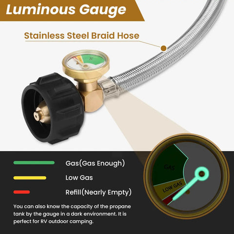 Close-up of Two Tank RV Propane Regulator Kit with 18 Inch Hoses showing luminous gauge and stainless steel braid hose for safe camping.