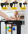 Wide Auto Close Baby Gate With Cat Door, showing easy one-hand operation with pressure mounting and happy child in background