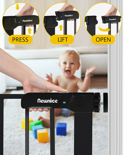 Wide Auto Close Baby Gate With Cat Door, showing easy one-hand operation with pressure mounting and happy child in background