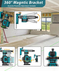 Green Laser Level Pro 4x360 Degree 4D Cross Line for Construction with Pulse Mode and Remote Control displayed in a room setup.