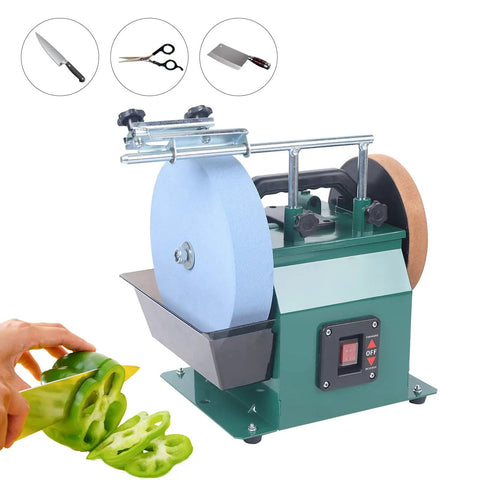 Tough As Nails 110V Water Cooled Grinder With 10 Inch Sharpening Stone sharpening kitchen knife beside sliced green pepper.