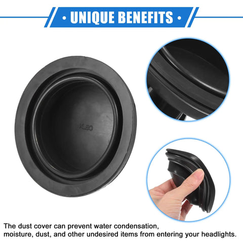 65mm Universal Car Headlight Dust Seal Cap Set For Aftermarket Headlamps Xenon LED Lighting, black rubber cap close-up view