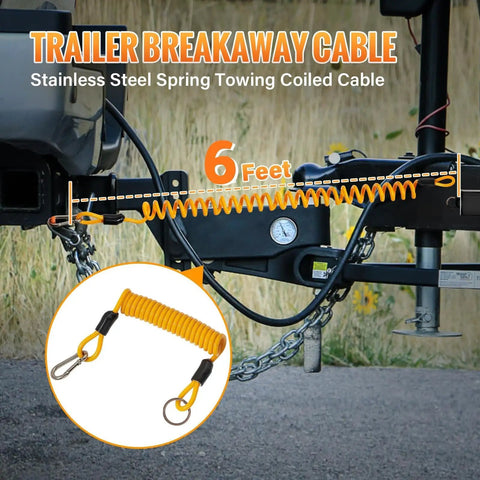 Breakaway Trailer Cable 6Ft Heavy Duty Stainless Steel Spring Towing Coiled Wire Replacement Emergency Breakaway Switch Lanyard For RVs And Campers Trailer Brake Safety Cord attached to trailer