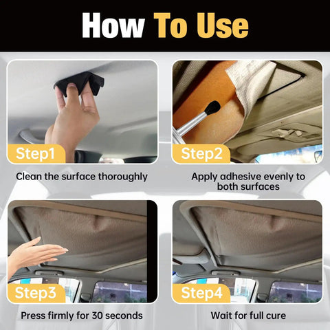 How to use Car Headliner Repair Glue With Brush Flexible Adhesive For Fabric Foam Vinyl Leather Interior Quick Drying Multi Surface Auto Roof Liner Adhesive For Saggy Headliners