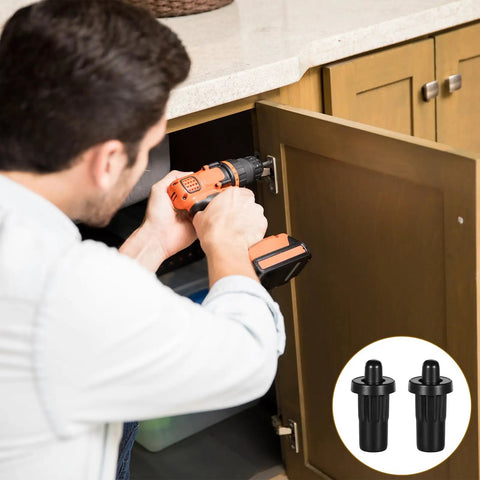 Man using a drill with 20 Piece Set Of Black Spring Loaded Cabinet Damper Pins Straight Action Hinge Rods For Door Repairs And Floating Shelves Sturdy Grip Hardware No Sweat Fix.