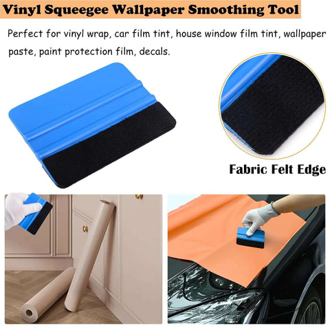 EHDIS 7-piece vinyl wrap tool kit; blue plastic squeegee with black felt edge for tint installation.
Side view of blue EHDIS vinyl wrap squeegee showing black fabric edge for film smoothing.
Close-up of blue vinyl wrap tool showing black felt edge for film smoothing.
Installed on car window tint with orange film using EHDIS smoothing tool.