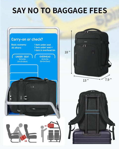 Underseat Travel Backpack for Men 30L Carry On with USB Port fits Spirit Airlines seat dimensions 18x13x8, shown in storage rack.