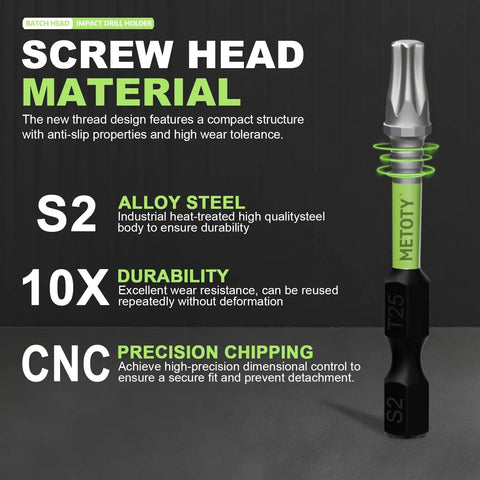 Impact Screwdriver Bit Set With Magnetic Bits 52 Piece Kit Includes Magnetizer Extension Rod And Wrench For Every Reach Four In One Length System 1 Inch 2 Inch 3 Inch 6 Inch For Electronics General Use And Deep Frames showing S2 steel bit with CNC precision chipping
