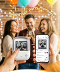 B2 Pro Label Maker With Bluetooth, 300 DPI Sticker Printer showing photo printing with smartphone app during a party.