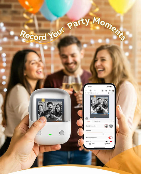 B2 Pro Label Maker With Bluetooth, 300 DPI Sticker Printer showing photo printing with smartphone app during a party.