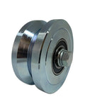 Beefy 2 Pack 4 Inch Circumference V Groove Gate Wheel Rollers, Heavy Duty Steel with Sealed Bearings, Chrome Finish close-up