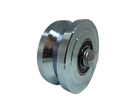 Beefy 2 Pack 4 Inch Circumference V Groove Gate Wheel Rollers, Heavy Duty Steel with Sealed Bearings, Chrome Finish close-up