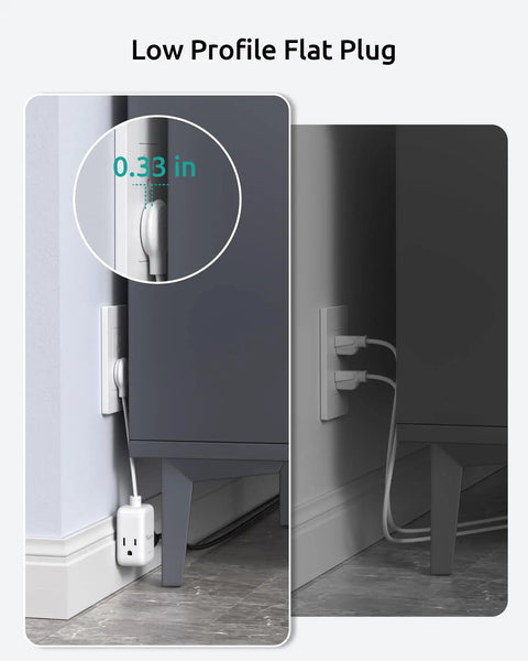 Slim 6 Inch Extension Cord With 3 Outlets And 900J Surge Protector installed behind furniture