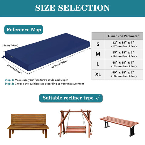 Size chart showing Outdoor Bench Cushions 48 By 18 Inch Thick Waterproof Porch Swing Cushions With Ties Navy for patio furniture.