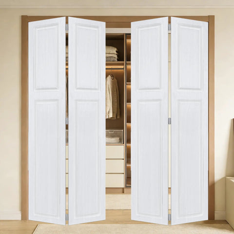 Fresh White Walnut Double Bi Fold Barn Door With Full Hardware Kit Set 96 By 80 Inches Solid Mdf in a modern closet.