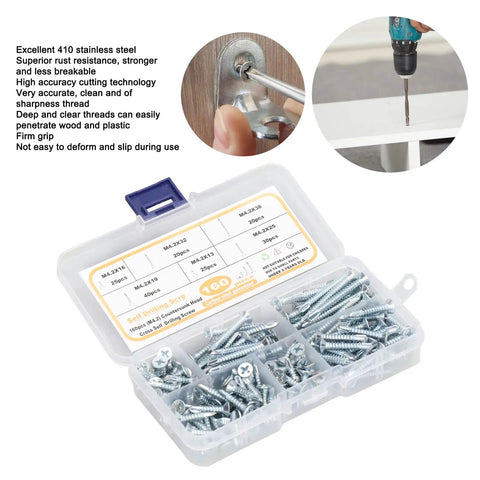 Self Drilling Screws Kit 160 Pcs Carbon Steel Blue Zinc Plated Countersunk Cross Head Fasteners M4.2 For Wood Heavy Duty Rust Resistant Ultra Sharp Threads Deep Thread Design Easy Grip Quick Install, 160-piece box