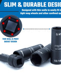 Torque Limiting Extension Bar And Deep Impact Metric Socket Set Half Inch Drive CrMo Beefy 8 Piece Color Coded For Over Tightening Prevention Heavy Duty Lug Nut And Fastener Tool Kit with slim durable design showing three sockets with sizes 3/4 and 13/16 inches.