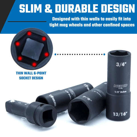 Torque Limiting Extension Bar And Deep Impact Metric Socket Set Half Inch Drive CrMo Beefy 8 Piece Color Coded For Over Tightening Prevention Heavy Duty Lug Nut And Fastener Tool Kit with slim durable design showing three sockets with sizes 3/4 and 13/16 inches.