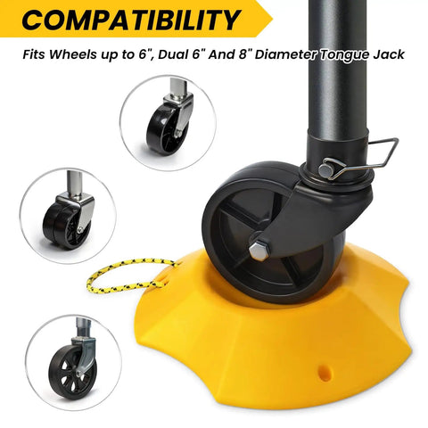 Built Tough Wheel Dock With Rope For Trailer Tongue Jack And Heavy Duty Wheel Dock For Single 6 Inch Or 8 Inch And Dual 6 Inch Casters Great For Cargo Camper RV Boat Roller Stopper Easy To Store And Transport in use with black wheel on yellow dock