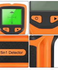 For Stud Finder Wall Scanner, 5-in-1, LCD Display, Center Finder, Backlit with green screen and control buttons.