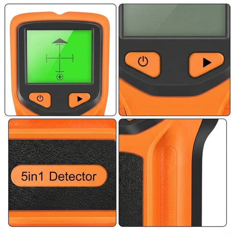 For Stud Finder Wall Scanner, 5-in-1, LCD Display, Center Finder, Backlit with green screen and control buttons.
