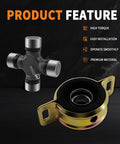 Rock Solid Performance Drive Shaft Center Support Bearing and Heavy Duty U Joint Kit showing parts on dark background.