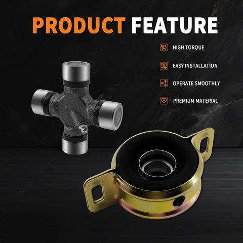 Rock Solid Performance Drive Shaft Center Support Bearing and Heavy Duty U Joint Kit showing parts on dark background.