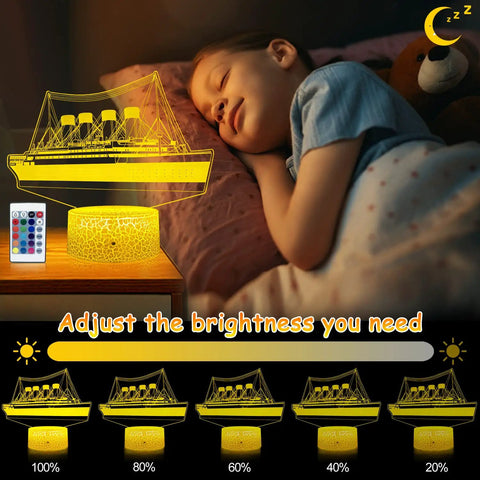 Child sleeping beside Titanic Night Light For Kids With Remote And Touch Control, 16 Color Changing LED Ship Night Light For Bedroom.