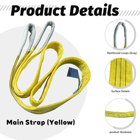 Kivomot 2-pack lifting slings, yellow polyester straps with gray reinforced eye loops, 3 in x 20 ft, 6600 lb rating.