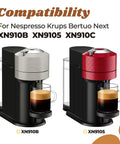Two Nespresso Vertuo Next machines XN910B and XN9105 with Water Tank Lid Cover Replacement shown installed.