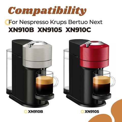 Two Nespresso Vertuo Next machines XN910B and XN9105 with Water Tank Lid Cover Replacement shown installed.