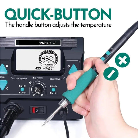 Pro Grade Soldering And Hot Air Rework Station with 992D III Iron showing quick-button temperature control