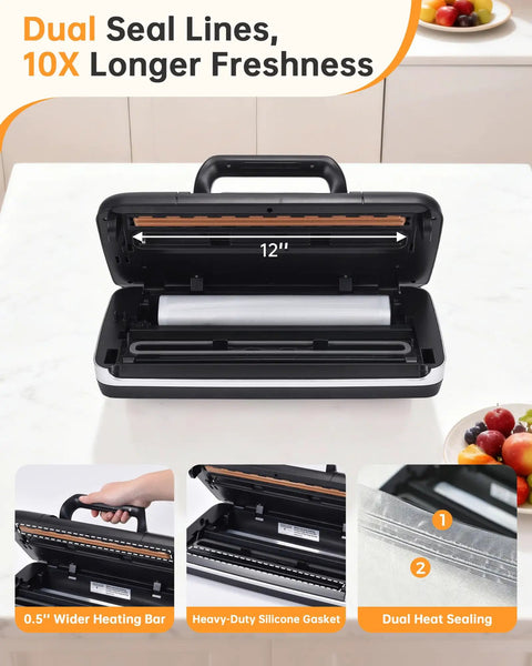 Heavy Duty Vacuum Sealer Machine With 85KPa Suction, Pro Grade, Double Seal, open on kitchen counter