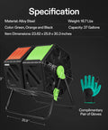 Dual Chamber Tumbling Composter With Sliding Door Heavy Duty Plastic Compost Bin For Backyard Waste Turn Trash Into Treasure With Two Eighteen And A Half Gallon Bins, shown with dimensions and gloves