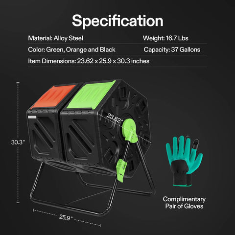 Dual Chamber Tumbling Composter With Sliding Door Heavy Duty Plastic Compost Bin For Backyard Waste Turn Trash Into Treasure With Two Eighteen And A Half Gallon Bins, shown with dimensions and gloves