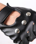 Mens Black Steampunk Fingerless Gloves Premium PU Leather Half Finger Biker Gear showing hook strap closure and studded details.