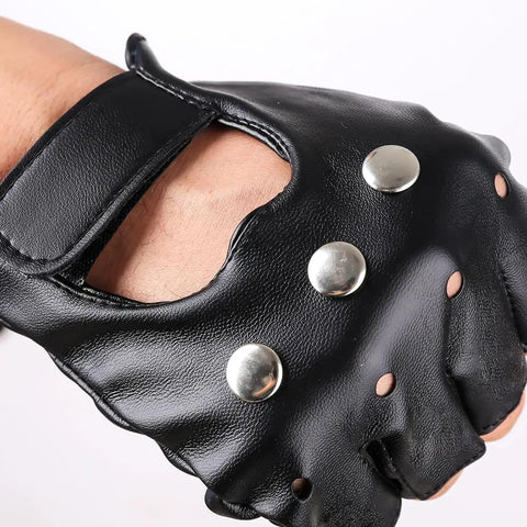 Mens Black Steampunk Fingerless Gloves Premium PU Leather Half Finger Biker Gear showing hook strap closure and studded details.