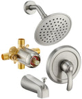 Slick Brushed Nickel Tub Shower Faucet Trim Kit With Smooth Single Handle Controls And Heavy Duty Internal Valve including showerhead, handle and valve.