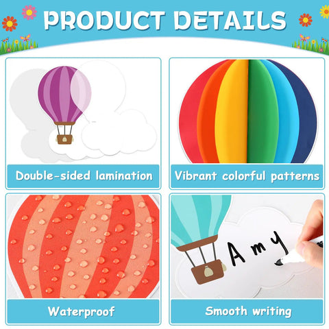 3D Hot Air Balloon Bulletin Board Set With Totally Colorful Name Tags For Back To School Classroom Decor Motivational The Sky Is The Limit Cutouts Cloud Borders And DIY Wall Art Kit with double-sided lamination and waterproof features.