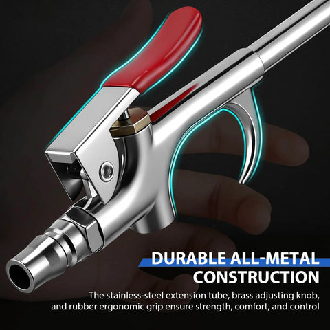 Close-up of Slick Retractable Air Blow Gun With Telescoping Extension Wand And Adjustable Trigger Valve, featuring ergonomic grip.