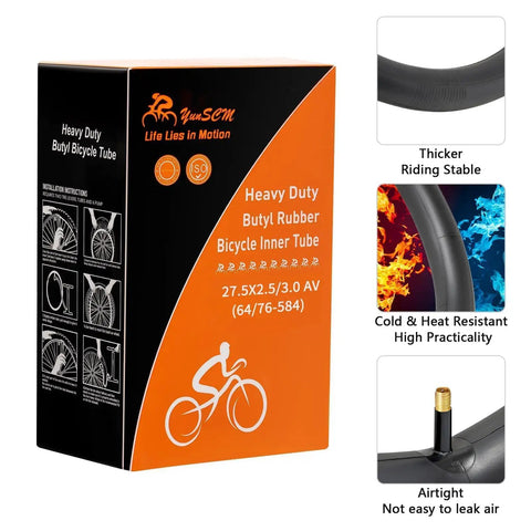 Box and details of two heavy duty 27.5 inch fat bike inner tubes AV32mm Schrader valve for hybrid fat tire bikes.