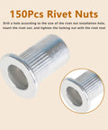 150 Piece Aluminum Rivet Nuts Kit With Flat Head For Easy Install No Fuss Pro Grade, SAE Sizes 6-32 8-32 shown