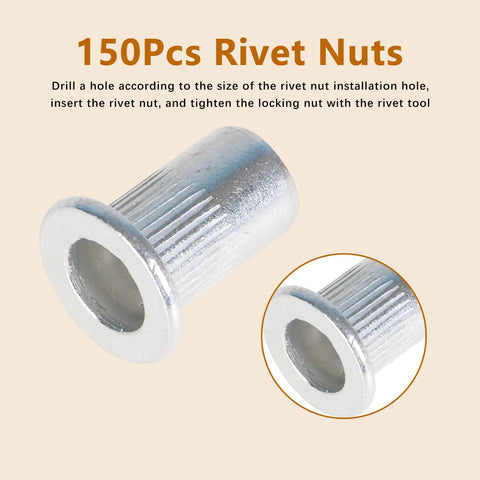 150 Piece Aluminum Rivet Nuts Kit With Flat Head For Easy Install No Fuss Pro Grade, SAE Sizes 6-32 8-32 shown