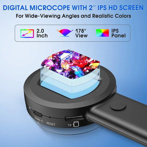 Handheld Digital Microscope With Light 100X Fixed Focus, 2 Inch LCD Screen, LED Illumination, black body with 2-inch IPS display