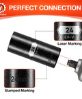 Heavy Duty 1/2 Inch Drive 24Mm Deep Impact Socket 6 Point Chrome Vanadium Steel showing laser and stamped markings.