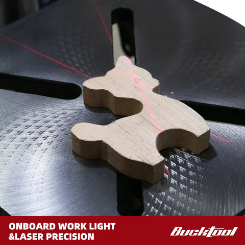 10 Inch Drill Press With 6.2 Amp Induction Motor Three Quarter Horsepower Benchtop Drill Press Five Speed LED Work Light Two Inch Spindle Travel One Half Inch Keyed Chuck 120 Volt Thirty Inch Total Height Perfect For Quick Light Duty Projects showing laser precision on a metal base with wood piece