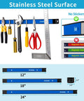 Six Piece 12 Inch Magnetic Tool Holder Strips With Mounting Brackets For Garage Organization Blue Metal Tool Organizer Rack Easy To Install With Screws Included showing tools and sizes.