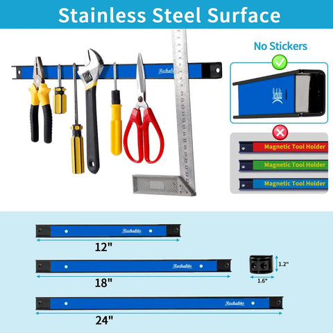 Six Piece 12 Inch Magnetic Tool Holder Strips With Mounting Brackets For Garage Organization Blue Metal Tool Organizer Rack Easy To Install With Screws Included showing tools and sizes.